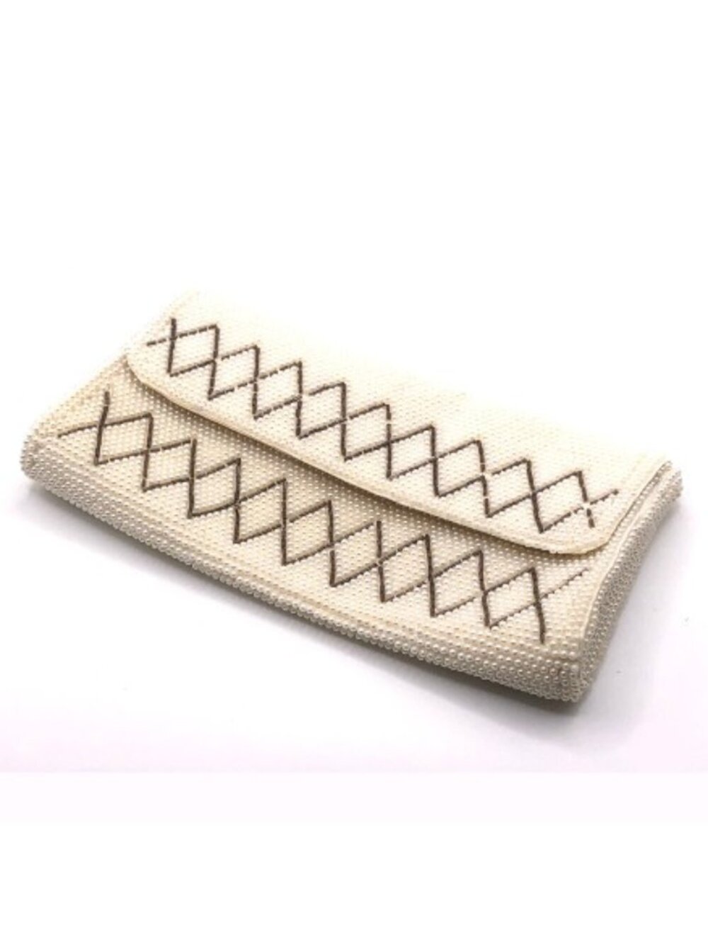 Vintage Made in Japan Cream Beaded Clutch Brown Geometric Evening Bag